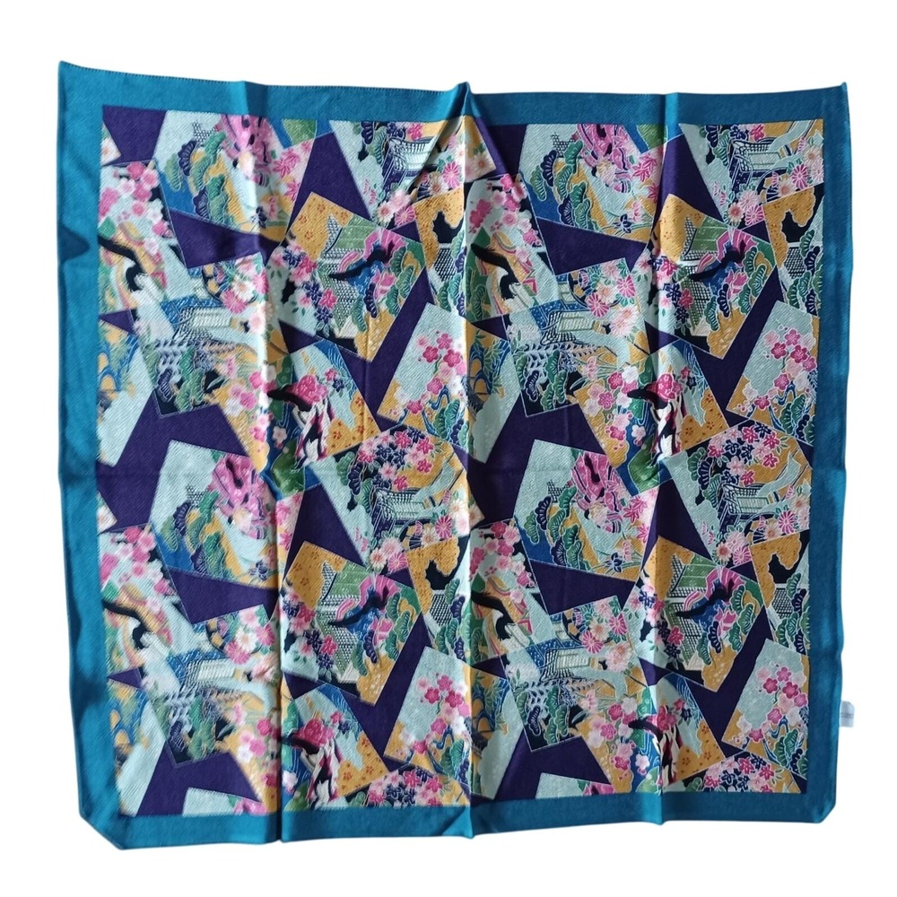 Kurochiku Japanese Chirimen Rayon Scarf Traditional Heian‎ Floral Teal 26x26